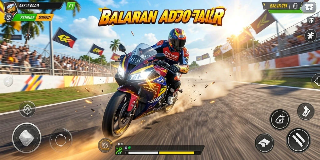Screenshot gameplay 47F yang menunjukkan balapan motor yang intens dan penuh aksi.