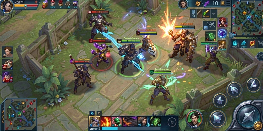 Tampilan gameplay epik dalam game MOBA 62HOT.
