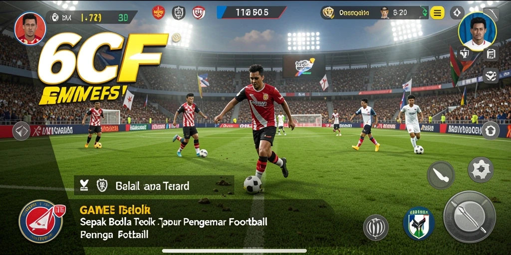 Screenshot gameplay 6CF menunjukkan aksi seru di lapangan sepak bola.