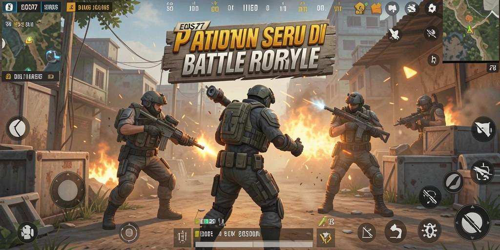 Tangkapan layar gameplay EOS77 menampilkan momen pertarungan intens dalam Battle Royale.