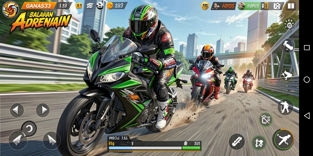Tampilan gameplay balapan motor yang mendebarkan di GANAS33.