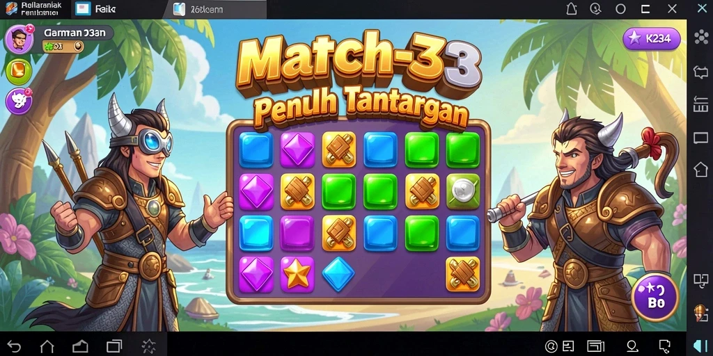 Tangkapan layar K234 menunjukkan gameplay Match-3 yang seru dan penuh warna.