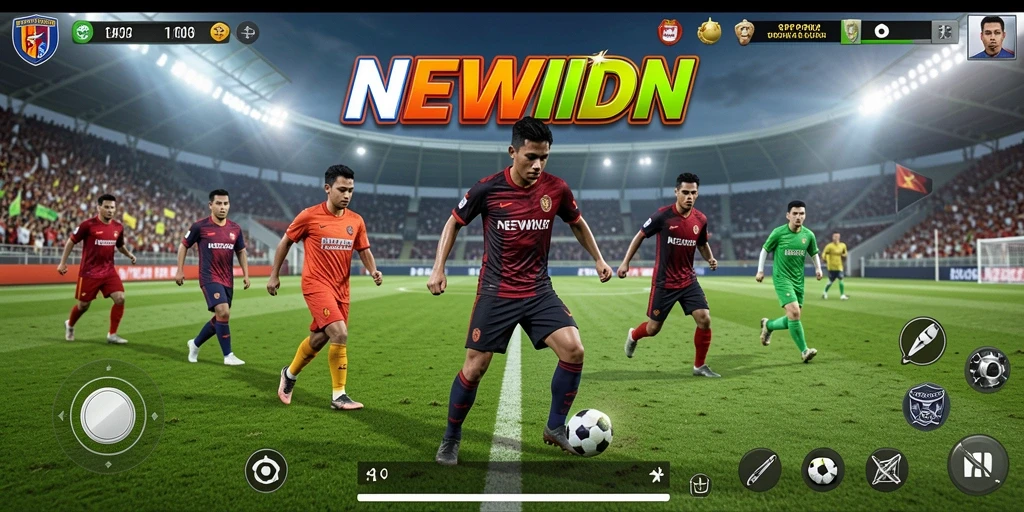 Screenshot gameplay <strong>NEWIDN</strong> menampilkan aksi seru di lapangan sepak bola.
