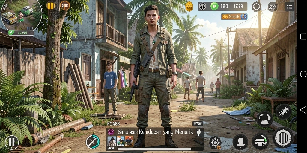 Tampilan gameplay POA88 dengan karakter yang berinteraksi di dunia simulasi.