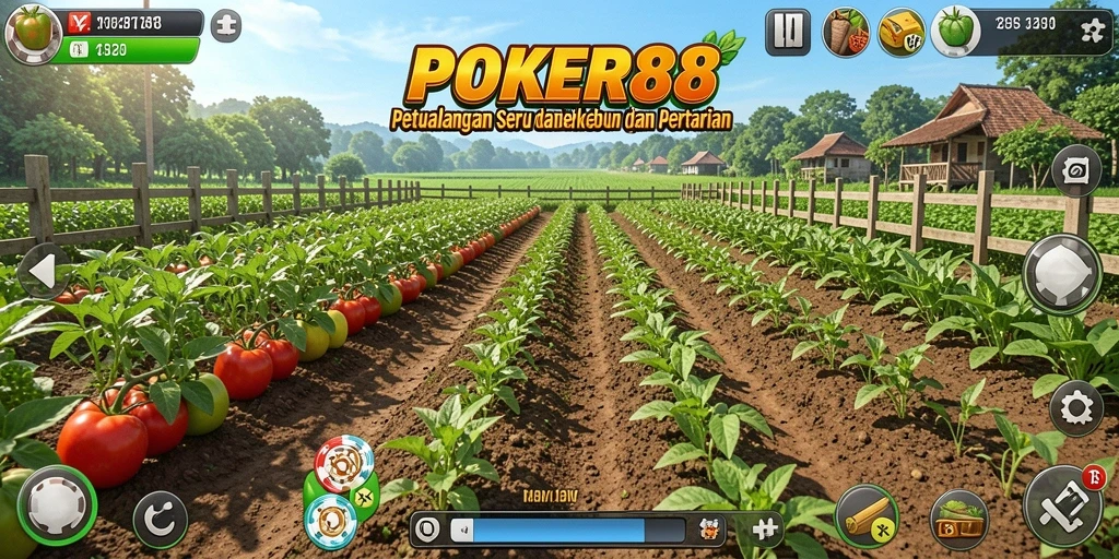 Gameplay POKER88 yang menyerupai kebun virtual dengan tanaman hijau dan interaksi.