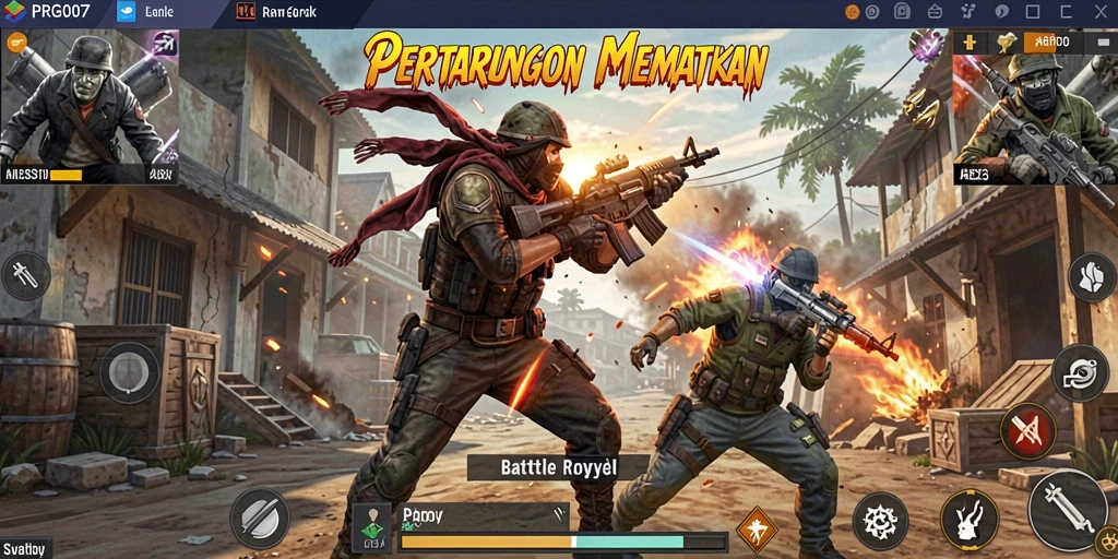 Tangkapan layar PRG007 menampilkan aksi intens dalam game Battle Royale yang menegangkan.